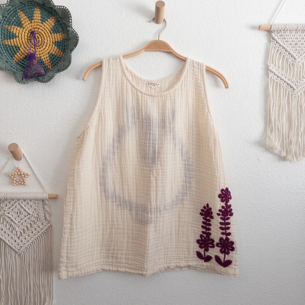 Novica Beige Cream Gauzy Cotton Bohemian Floral Embroidered Tank Top Size XL